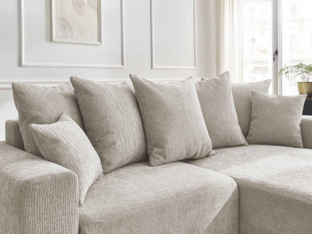 Bobochic Atilla Ecksofa mit Schlaffunktion und Bettkasten Strukturstoff Beige Ecke rechts