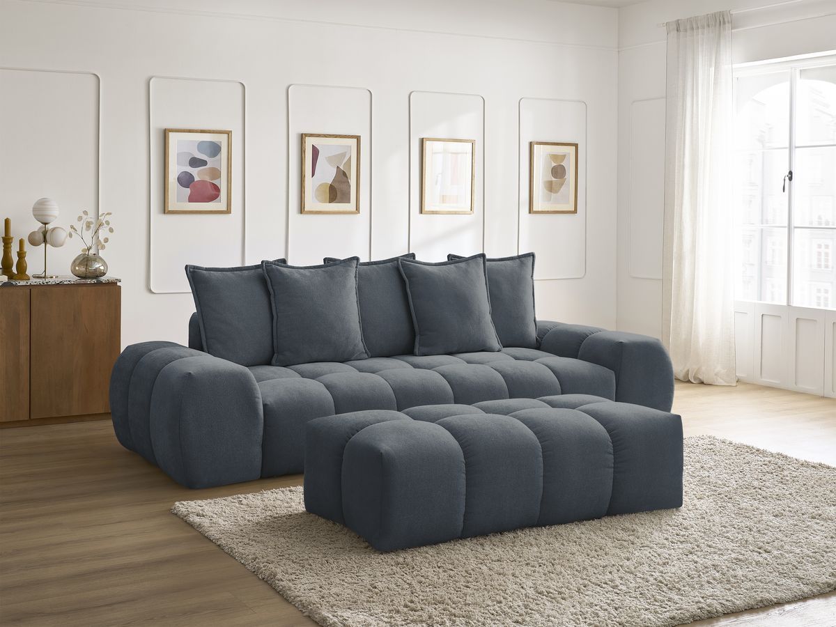 Bobochic Everest Sofa 3-Sitzer mit Pouf, 5 Kissen Strukturstoff Dunkelblau
