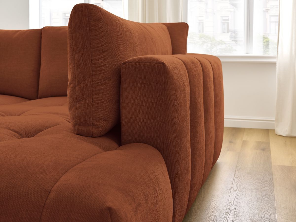 Bobochic Fuji Ecksofa mit Schlaffunktion und Bettkasten 282 × 204 cm Stoff Orange Ecke rechts