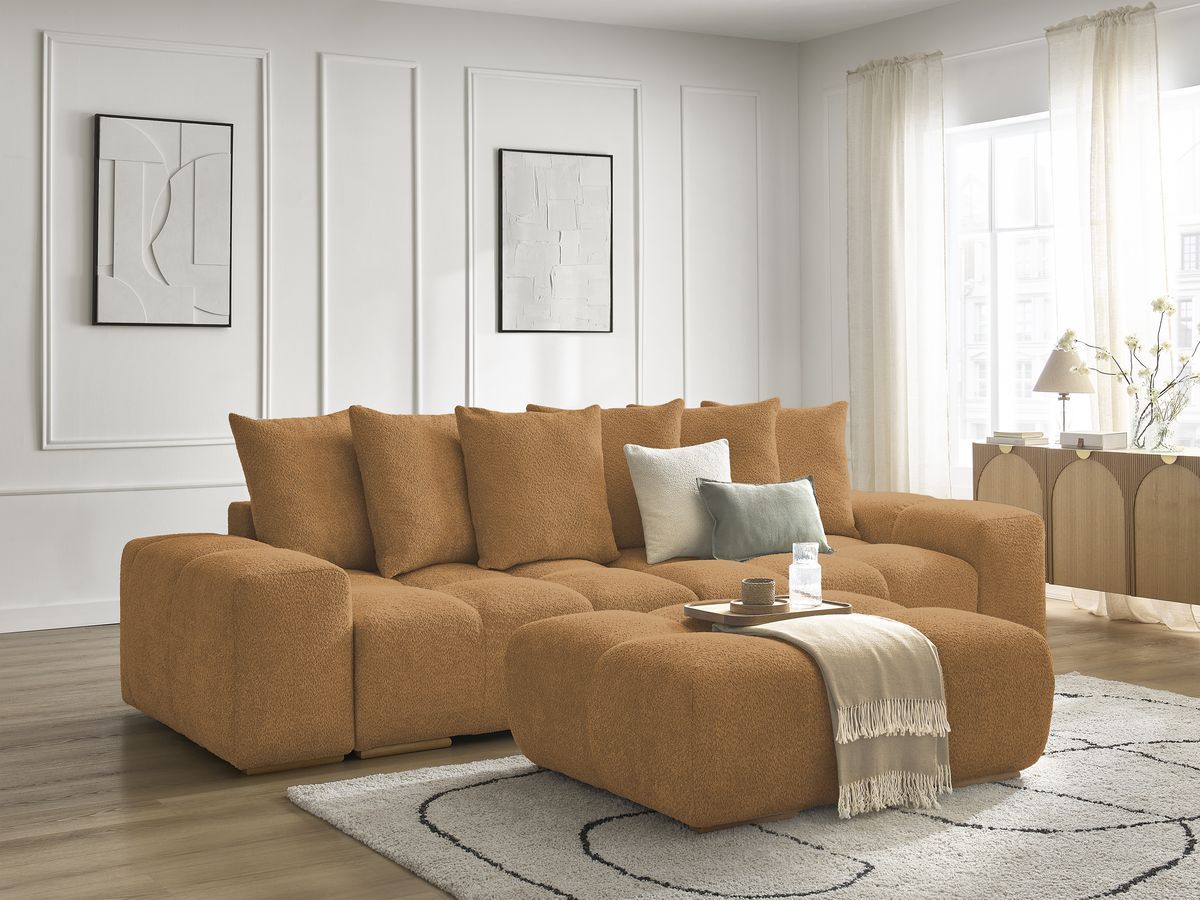 Bobochic Anakin Schlafsofa 3-Sitzer mit Bettkasten und Pouf, 6 Kissen Bouclé-Stoff Gelb