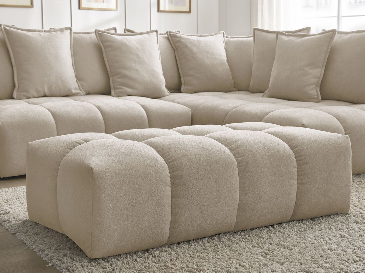 Bobochic Everest Ecksofa mit Schlaffunktion und Bettkasten und Pouf 320 × 212 cm, 10 Kissen Strukturstoff Taupe Ecke rechts