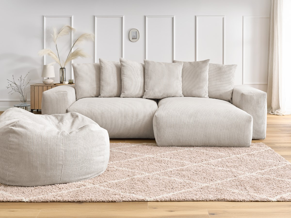Bobochic Voltaire Ecksofa mit Pouf 310 × 174 cm Cordsamt Beige