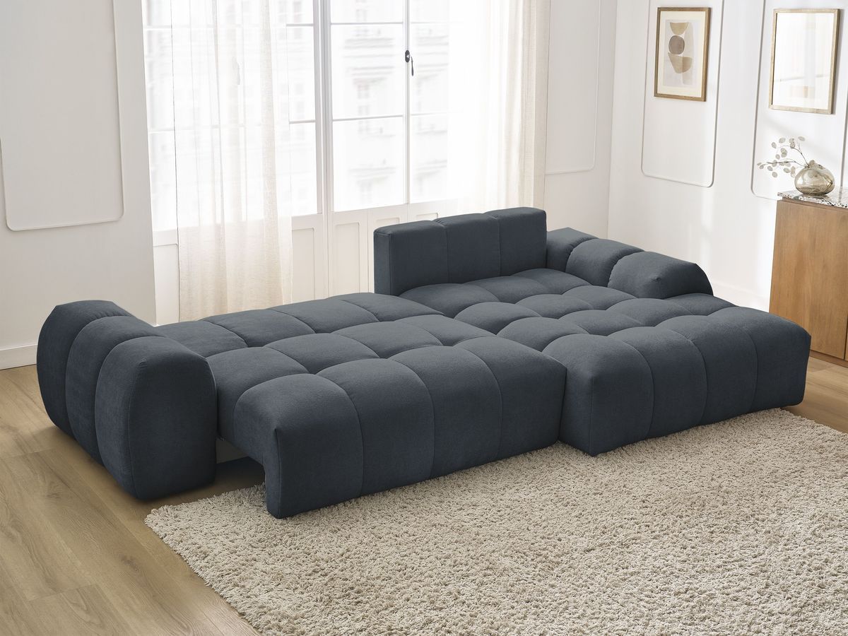 Bobochic Everest Ecksofa mit Schlaffunktion und Bettkasten 318 × 180 cm, 7 Kissen Strukturstoff Dunkelblau Ecke rechts