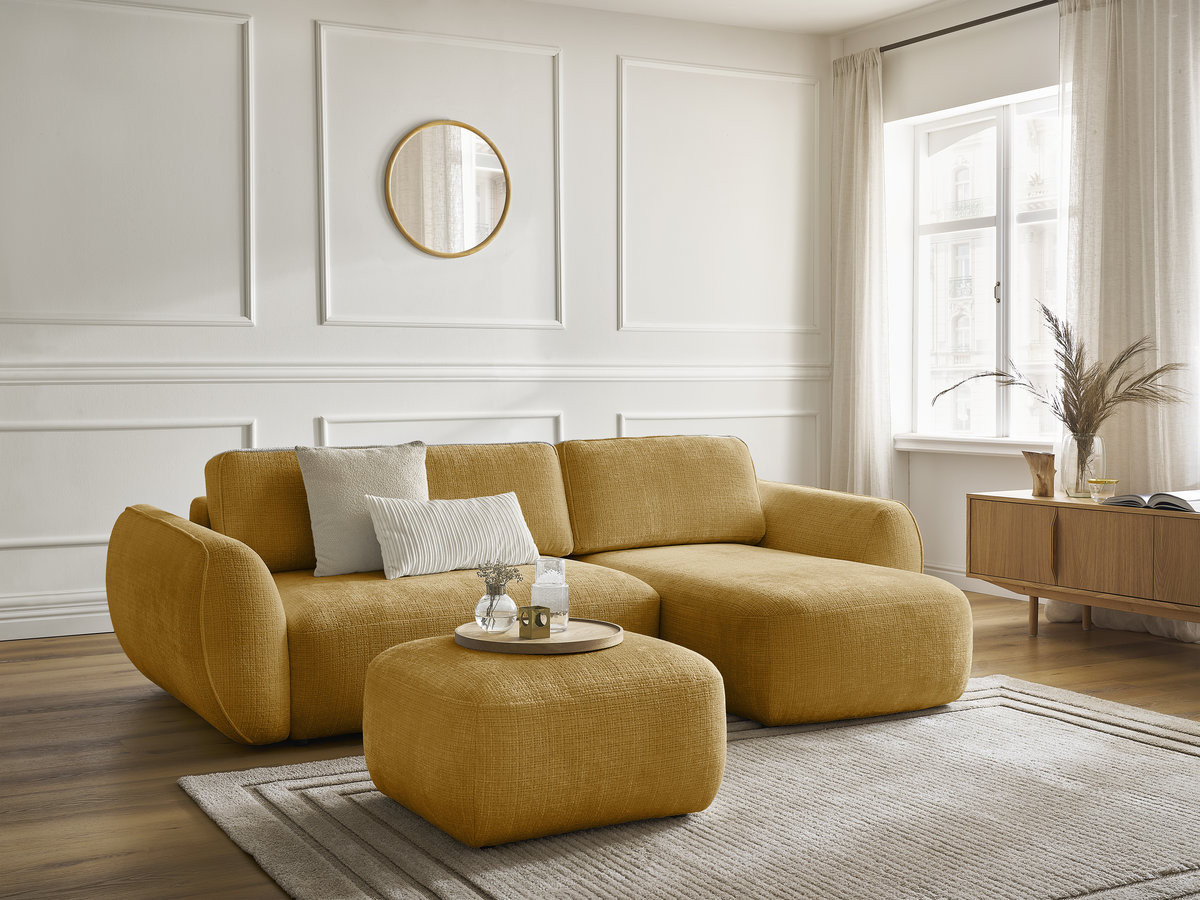 Bobochic Denise Ecksofa mit Schlaffunktion und Bettkasten und Pouf 258 × 160 cm Strukturstoff Gelb Ecke rechts