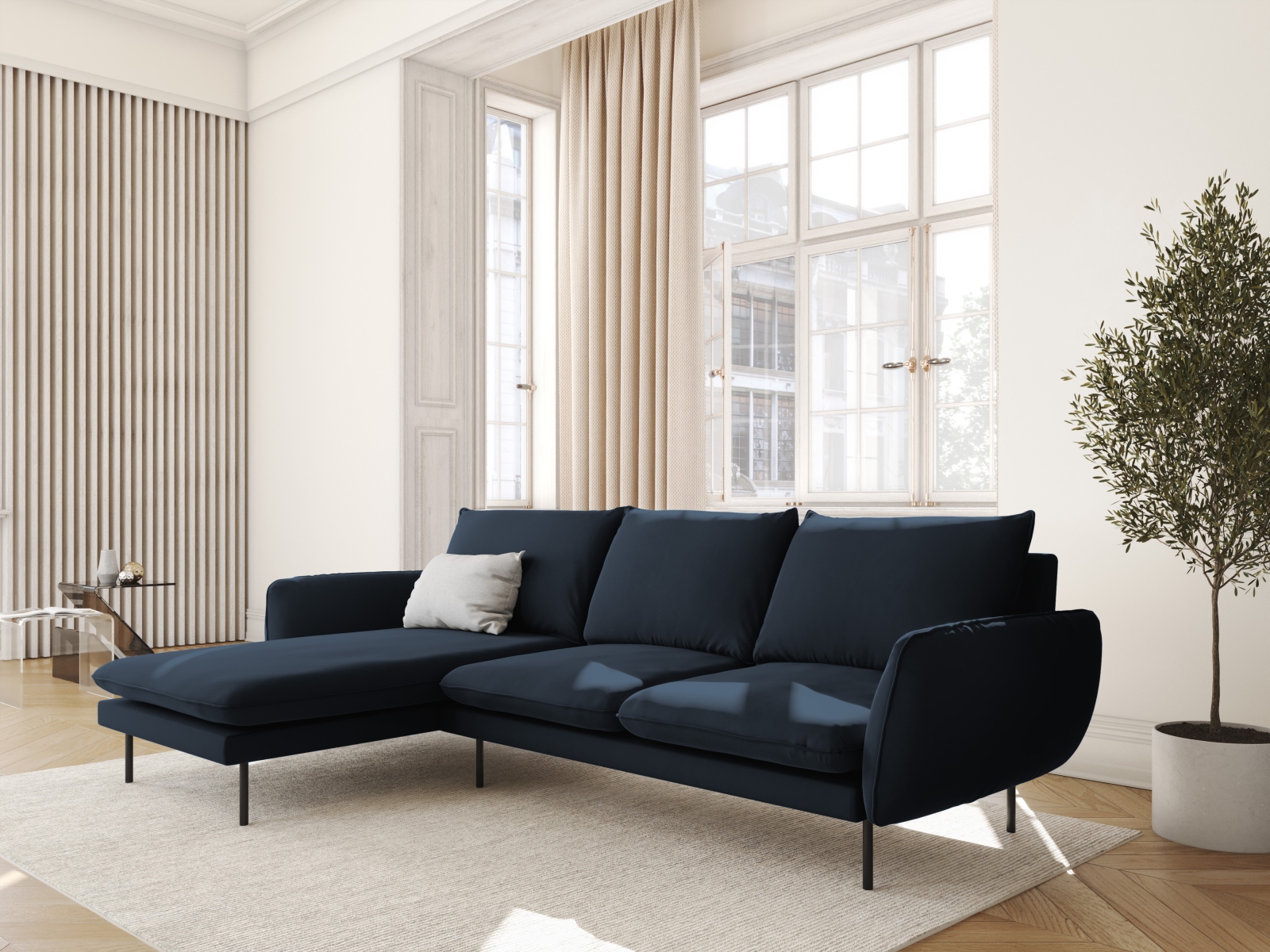 Cosmopolitan Design Ecksofa Vienna 5-Sitzer Samt Bluvel Dunkelblau Links Beine Schwarzes Metall