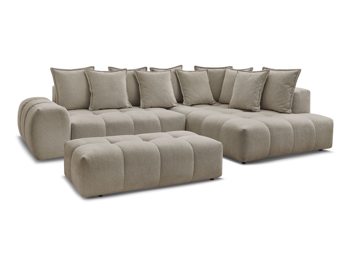 Bobochic Everest Ecksofa mit Schlaffunktion und Bettkasten und Pouf 320 × 212 cm, 10 Kissen Melange-Stoff Taupe Ecke rechts