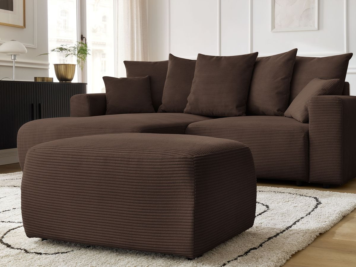 Bobochic Atilla Ecksofa mit Schlaffunktion und Bettkasten und Pouf Cordsamt Braun Ecke links