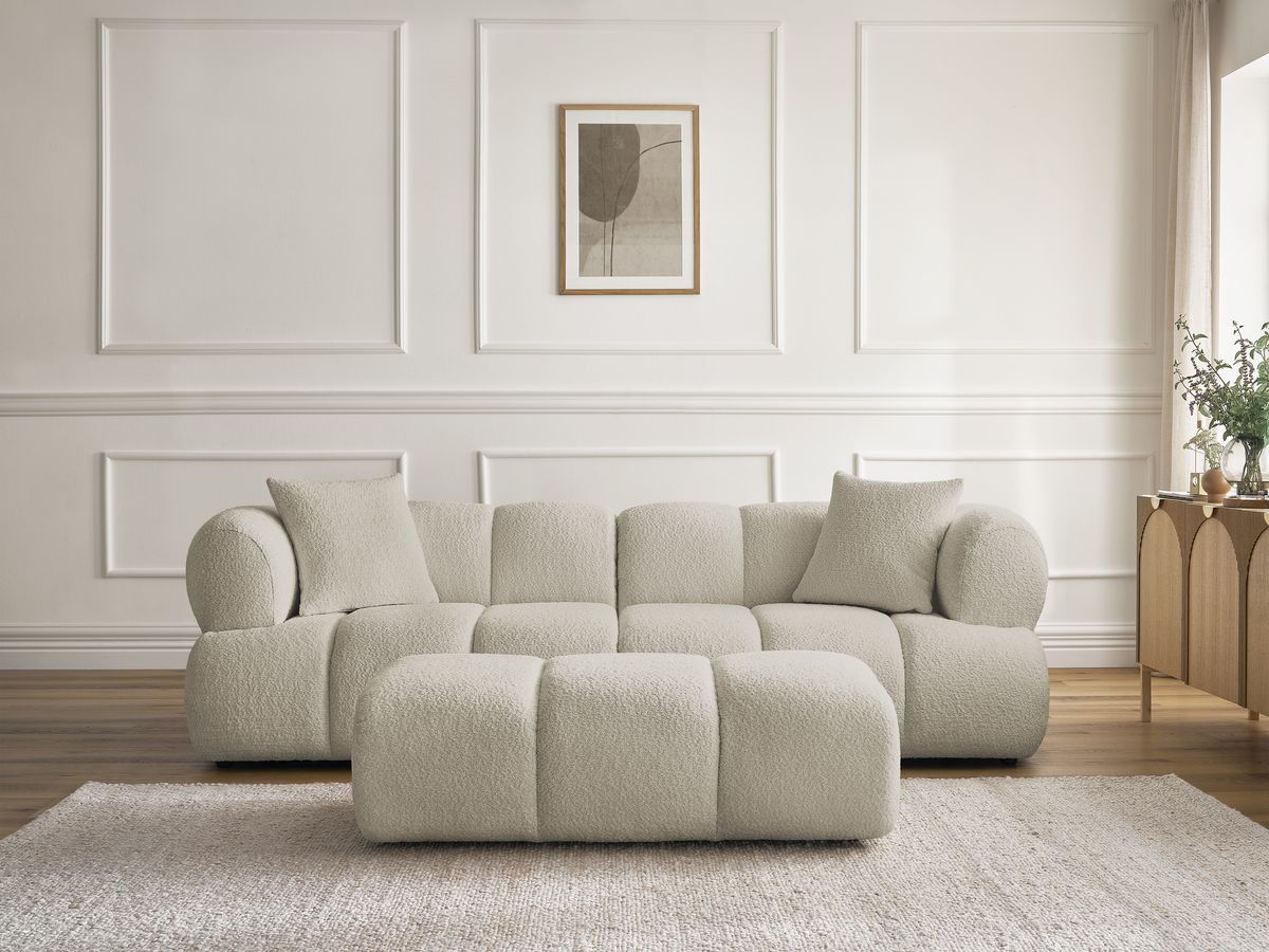 Bobochic Pamira Sofa 3-Sitzer mit Pouf Bouclé-Stoff Beige