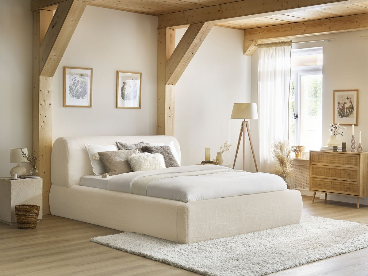 Bobochic Cervin Polsterbett mit Bettkasten Kunstfell Creme