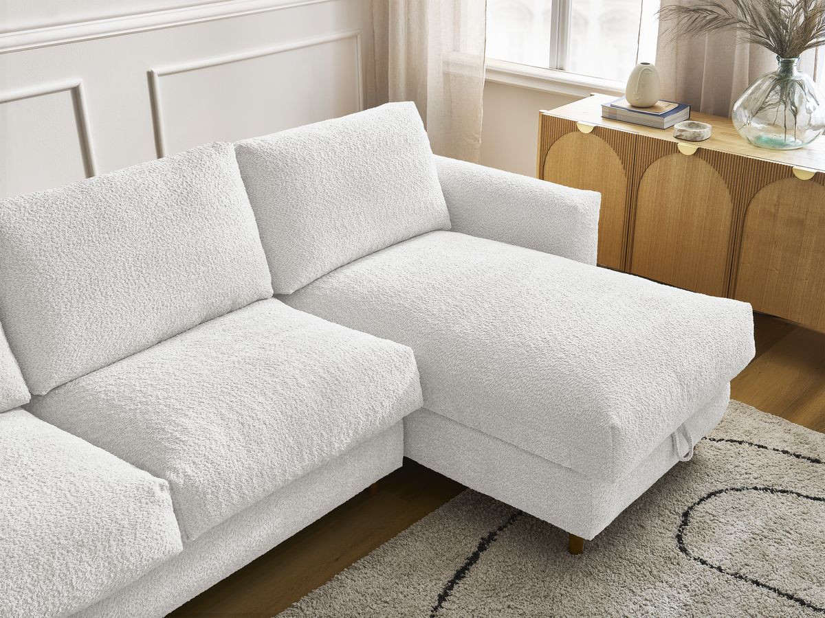 Bobochic Cocoone Ecksofa mit Schlaffunktion und Bettkasten Bouclé-Stoff Weiß, Liegefläche 160 × 200 cm