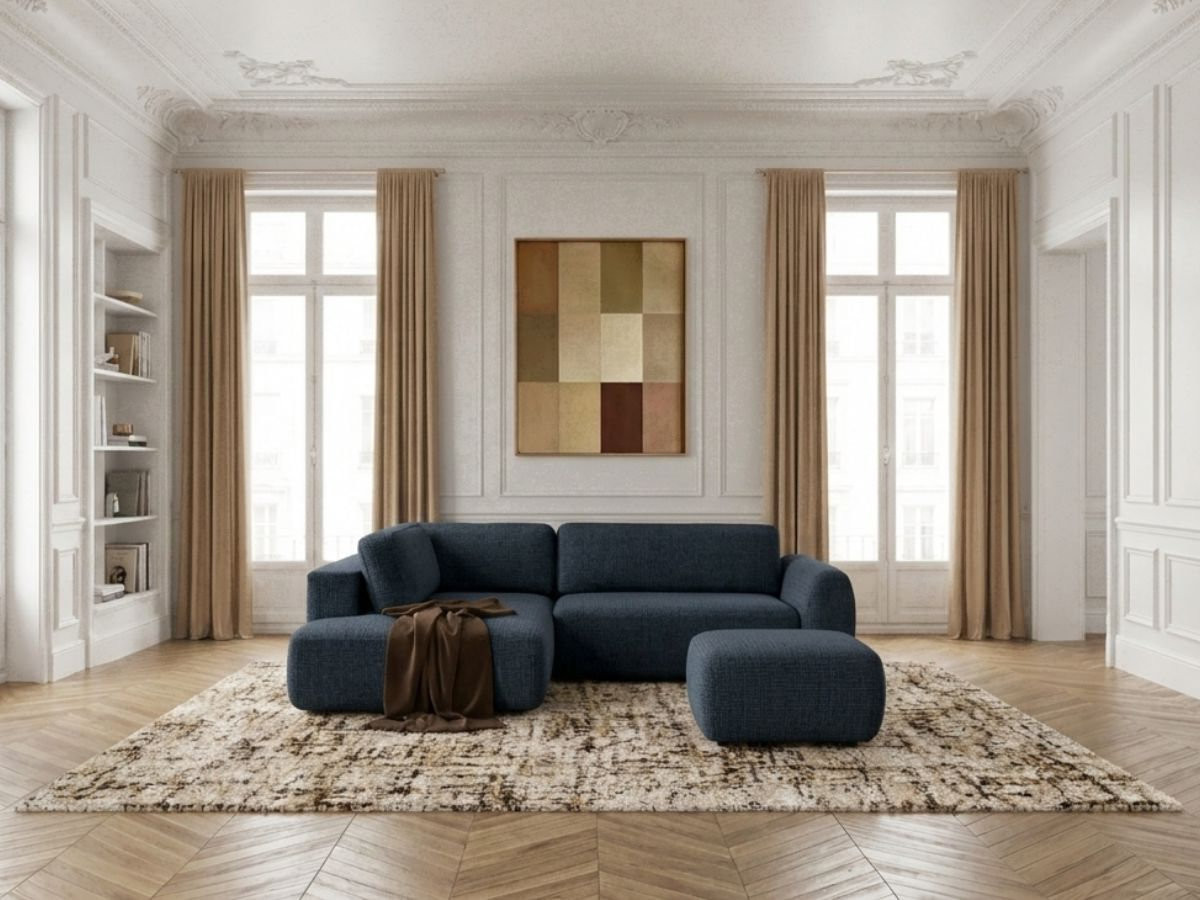 Bobochic Denise Ecksofa mit Schlaffunktion und Bettkasten und Pouf 256 × 197 cm Strukturstoff Dunkelblau Ecke links