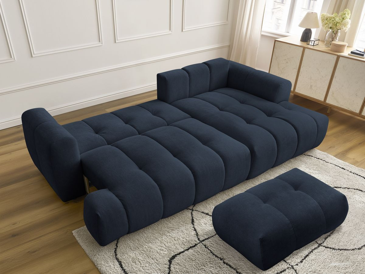 Bobochic Fuji Ecksofa mit Schlaffunktion und Bettkasten und Pouf 292 × 160 cm Stoff Dunkelblau Ecke rechts