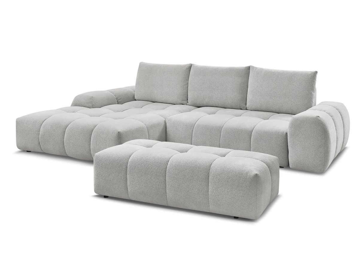 Bobochic Everest Ecksofa mit Schlaffunktion und Bettkasten und Pouf 318 × 180 cm, 3 Kissen Melange-Stoff Hellgrau Ecke links