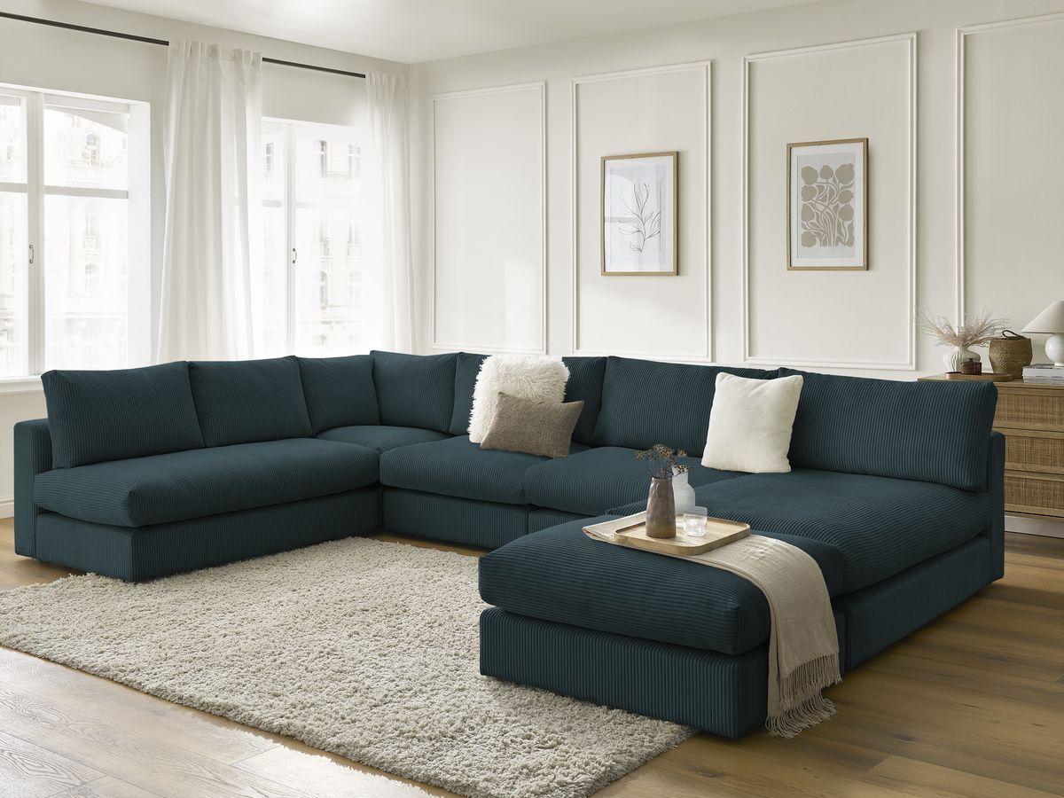 Bobochic Paris Ecksofa mit Pouf 369 × 167 cm Cordsamt Dunkelblau