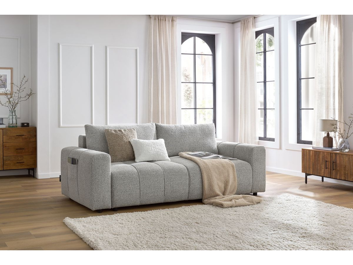 Bobochic Arsene Schlafsofa 3-Sitzer mit Bettkasten Melange-Stoff Hellgrau