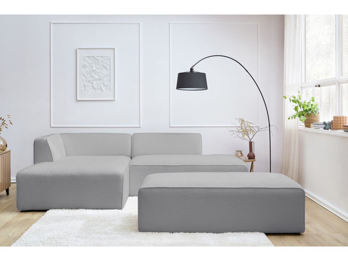 Bobochic Megeve Ecksofa mit Schlaffunktion und Pouf Bouclé-Stoff Hellgrau Ecke links