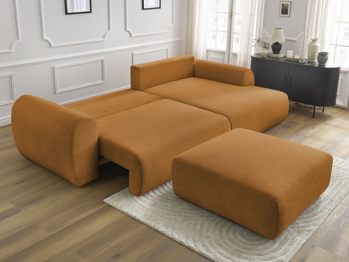 Bobochic Lucien Ecksofa mit Schlaffunktion und Bettkasten und Pouf 314 × 167 cm Stoff Gelb Ecke rechts