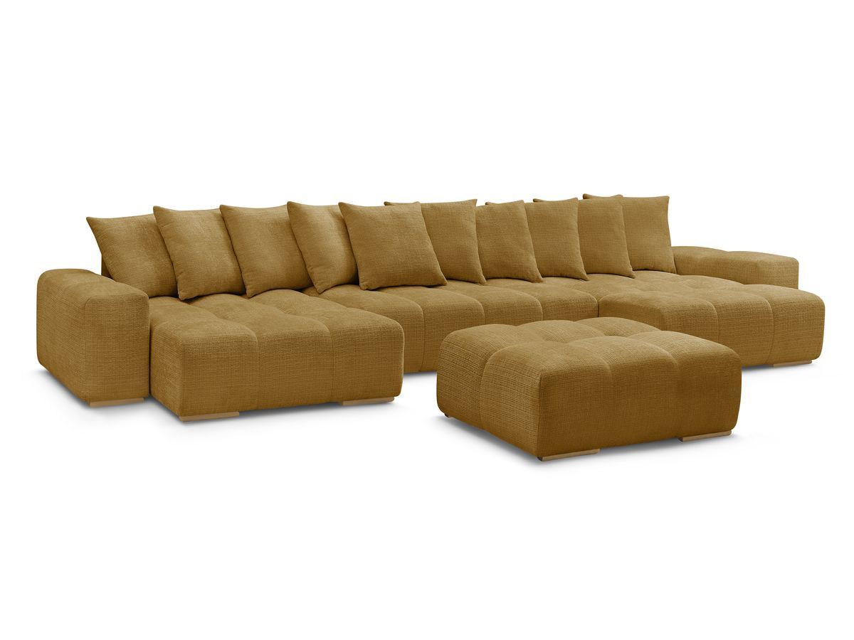 Bobochic Anakin Wohnlandschaft mit Pouf, Liegefläche 137 × 382 cm, 10 Kissen Strukturstoff Gelb