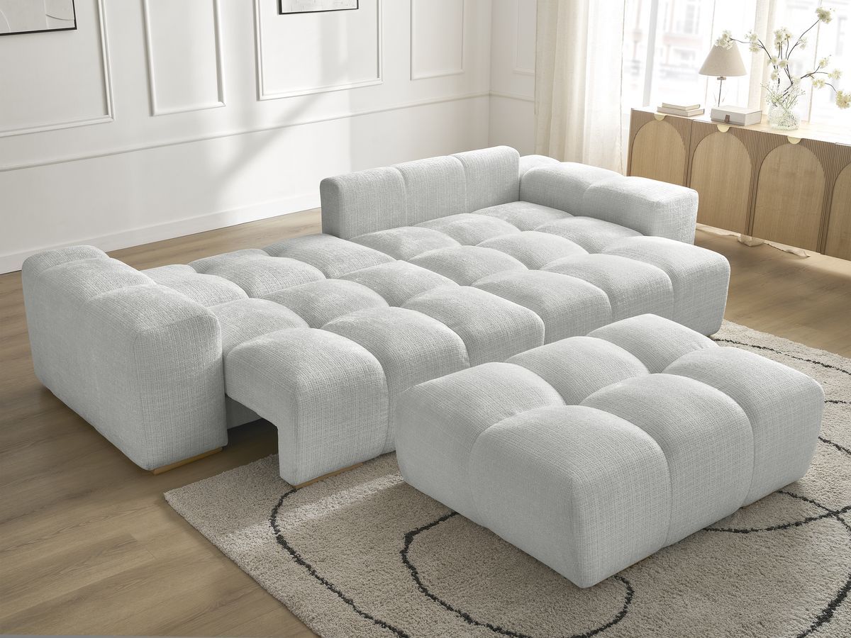 Bobochic Anakin Ecksofa mit Schlaffunktion und Bettkasten und Pouf, 6 Kissen Strukturstoff Hellgrau