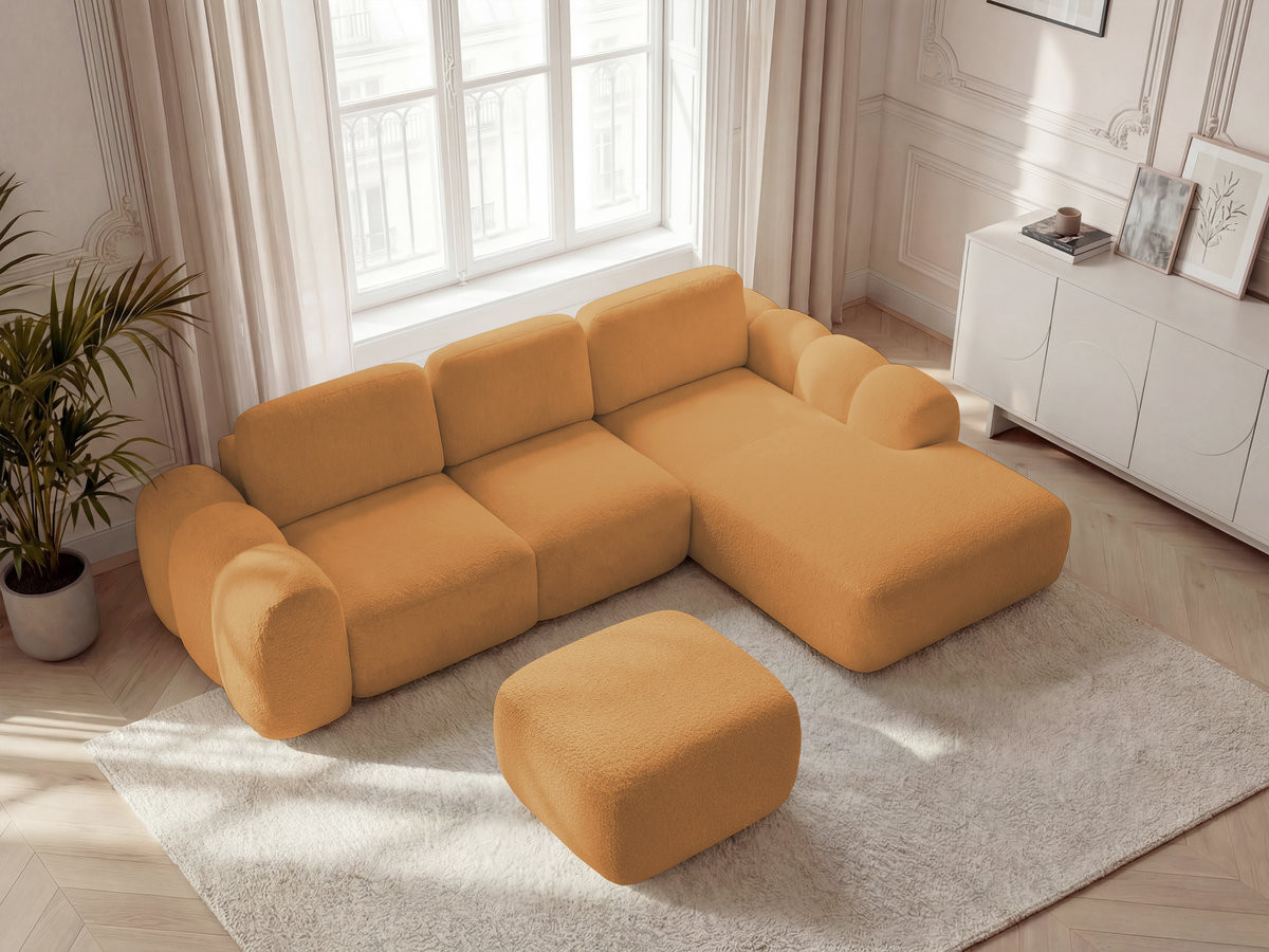 Bobochic Montaigne Ecksofa mit Schlaffunktion und Bettkasten und Pouf 288 × 196 cm Bouclé-Stoff Gelb Ecke rechts