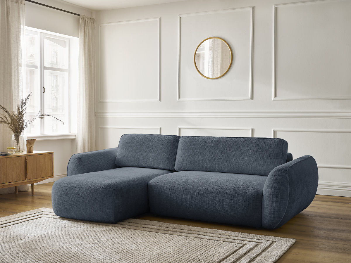 Bobochic Denise Ecksofa mit Schlaffunktion und Bettkasten 258 × 160 cm Strukturstoff Dunkelblau Ecke links