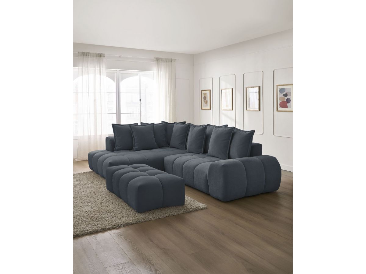 Bobochic Everest Ecksofa mit Schlaffunktion und Bettkasten und Pouf 320 × 212 cm, 10 Kissen Strukturstoff Dunkelblau Ecke links