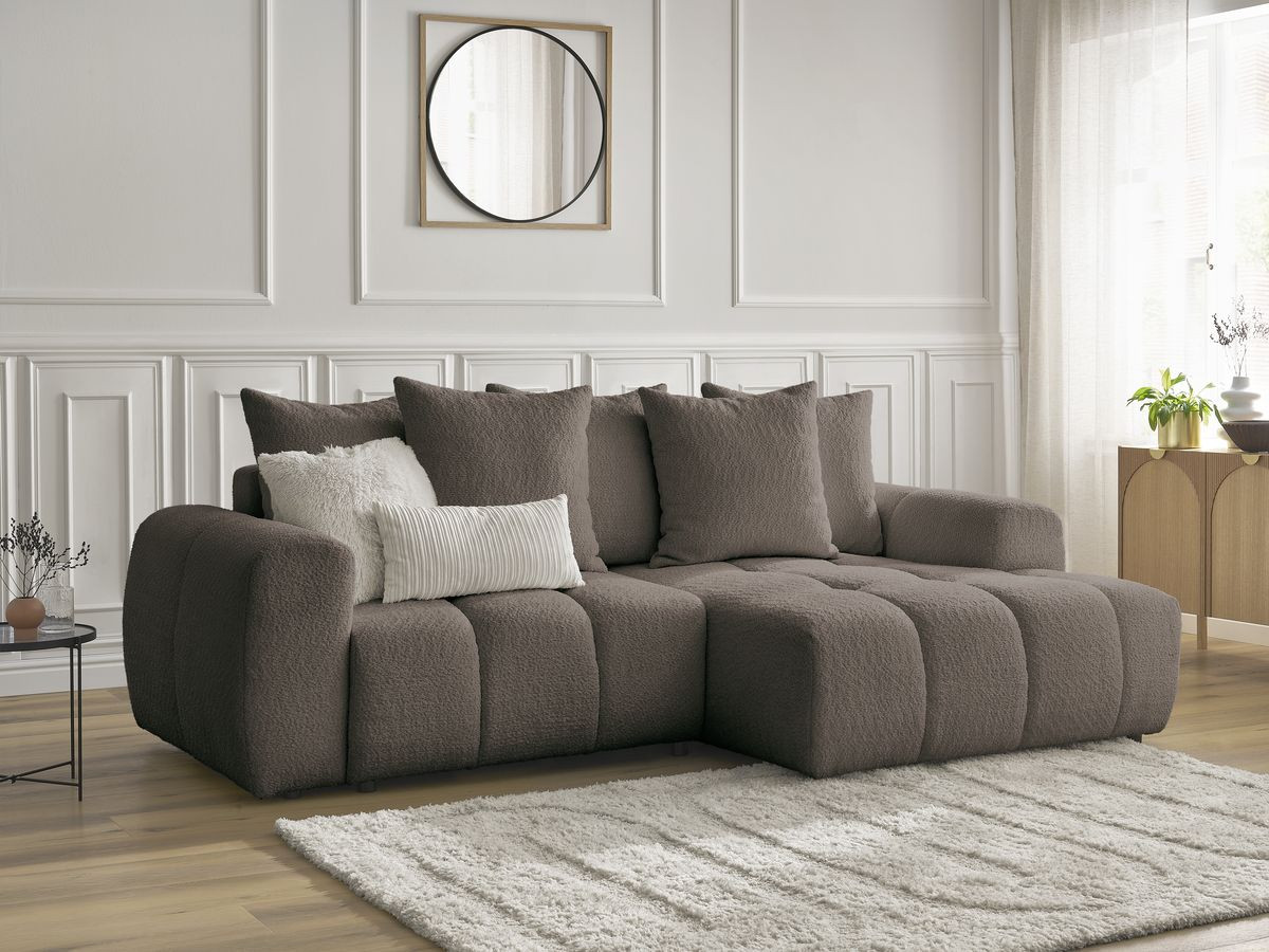 Bobochic Roxelane Ecksofa mit Schlaffunktion und Bettkasten 258 × 150 cm Bouclé-Stoff Braun Ecke rechts