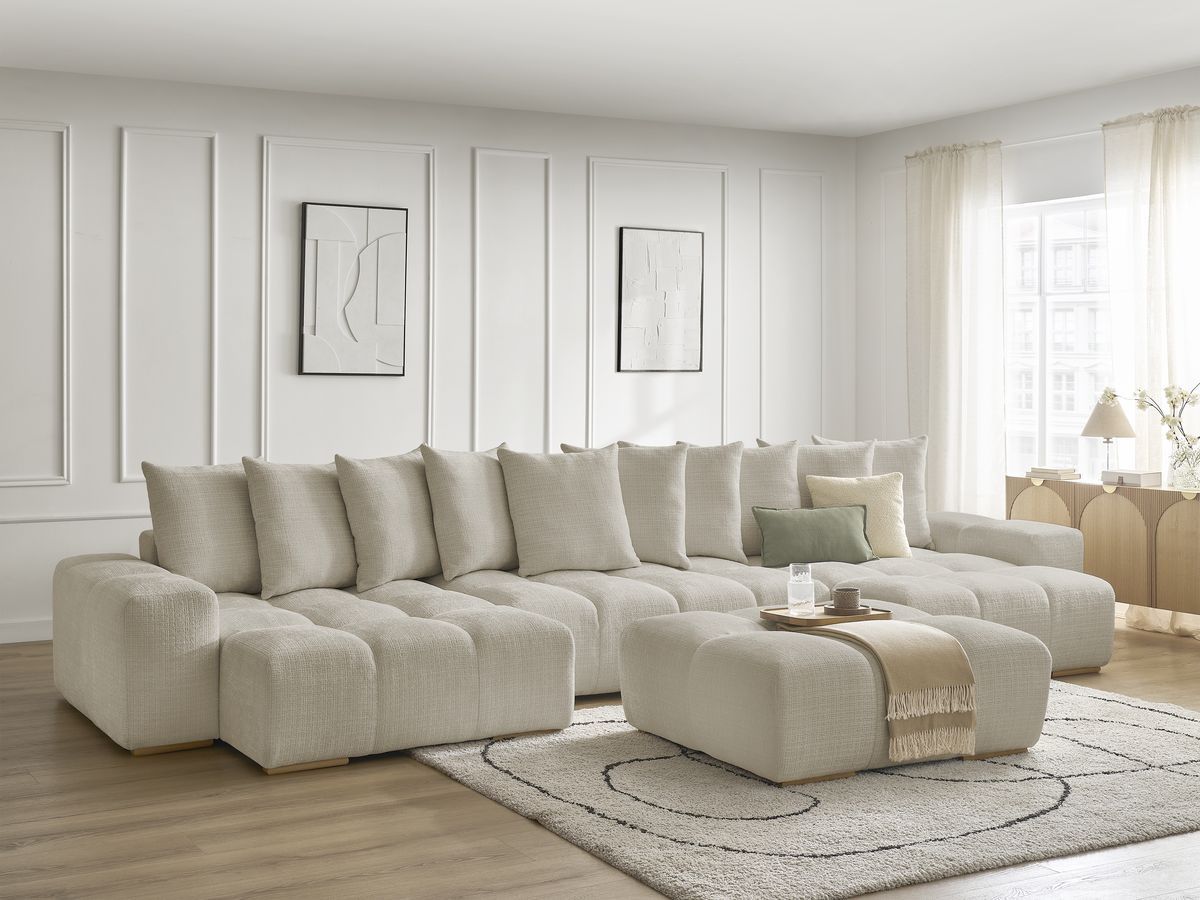 Bobochic Anakin Wohnlandschaft mit Pouf, 10 Kissen Strukturstoff Beige