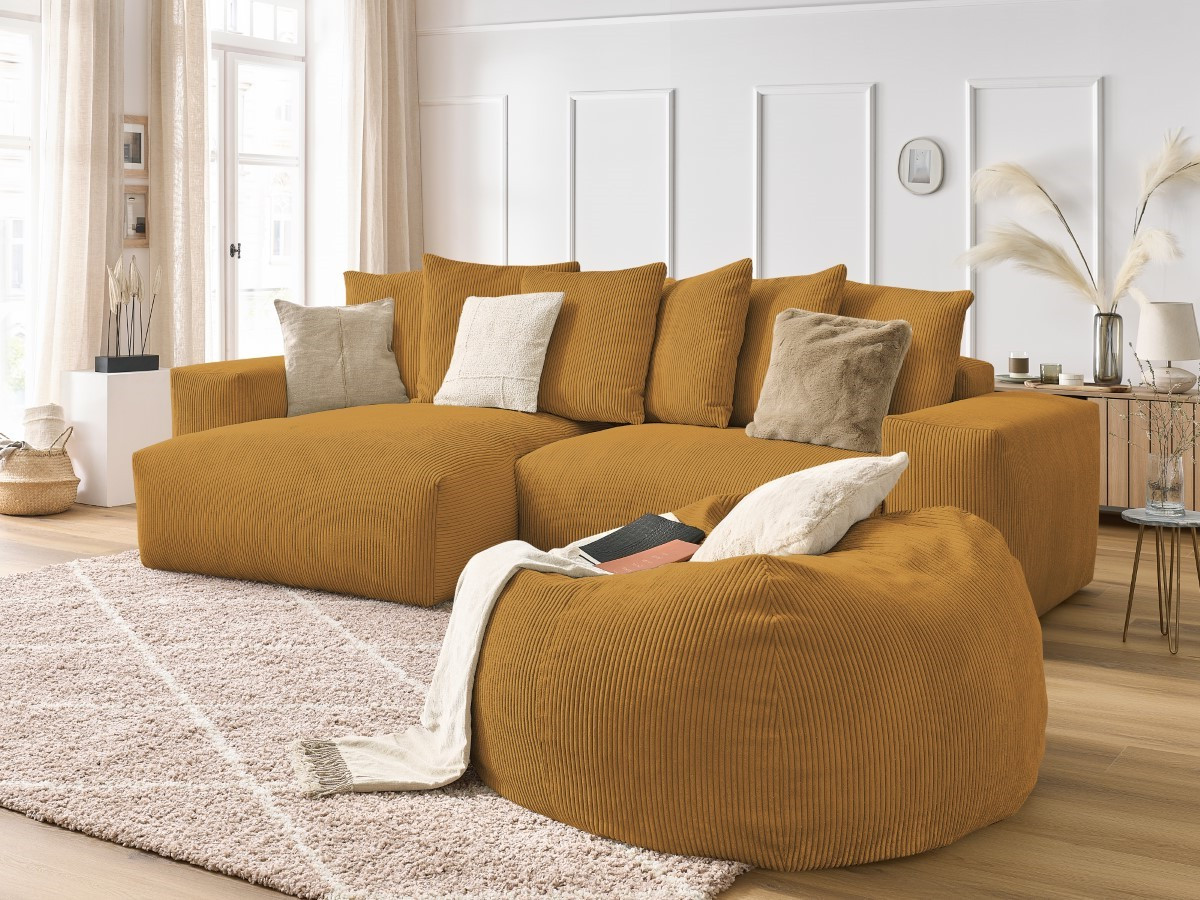 Bobochic Voltaire Ecksofa mit Pouf 310 × 174 cm Cordsamt Gelb