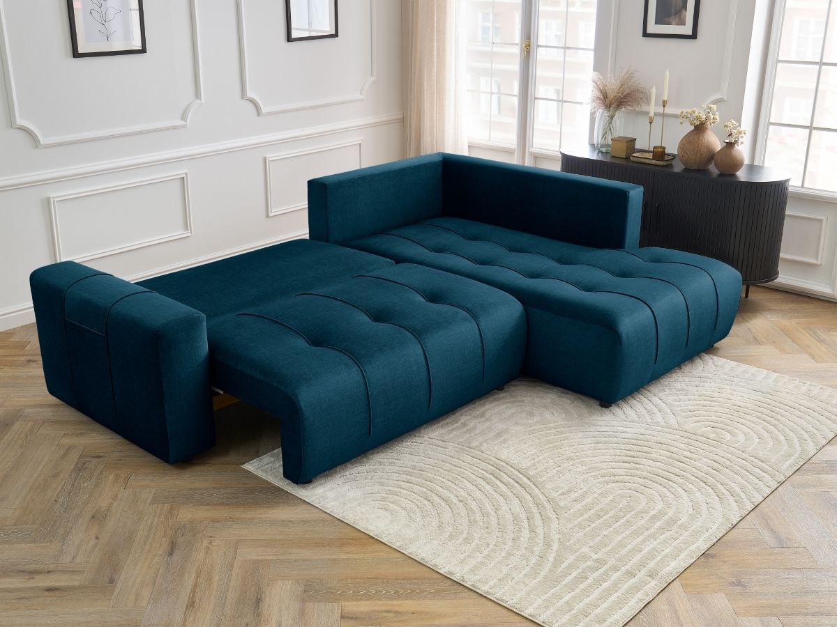 Bobochic Arsene Ecksofa mit Schlaffunktion und Bettkasten 277 × 200 cm Samt Dunkelblau Ecke rechts