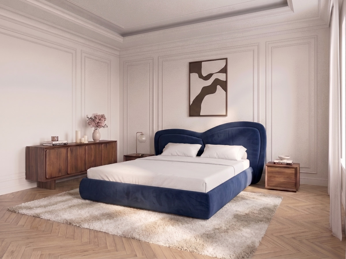 Bobochic Daniela Polsterbett Samt Blau, Liegefläche 160 × 200 cm
