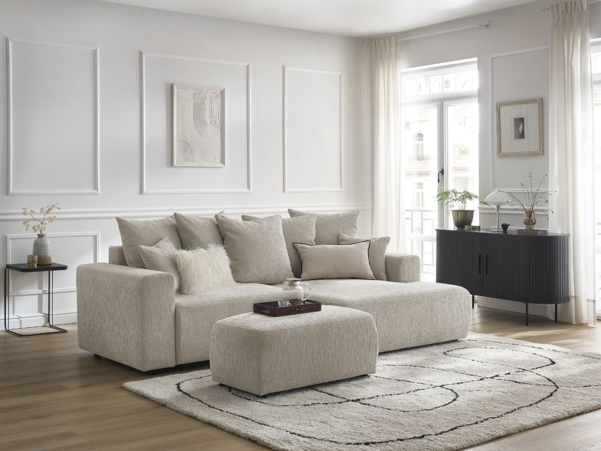 Bobochic Atilla Ecksofa mit Schlaffunktion und Bettkasten und Pouf Strukturstoff Beige Ecke rechts
