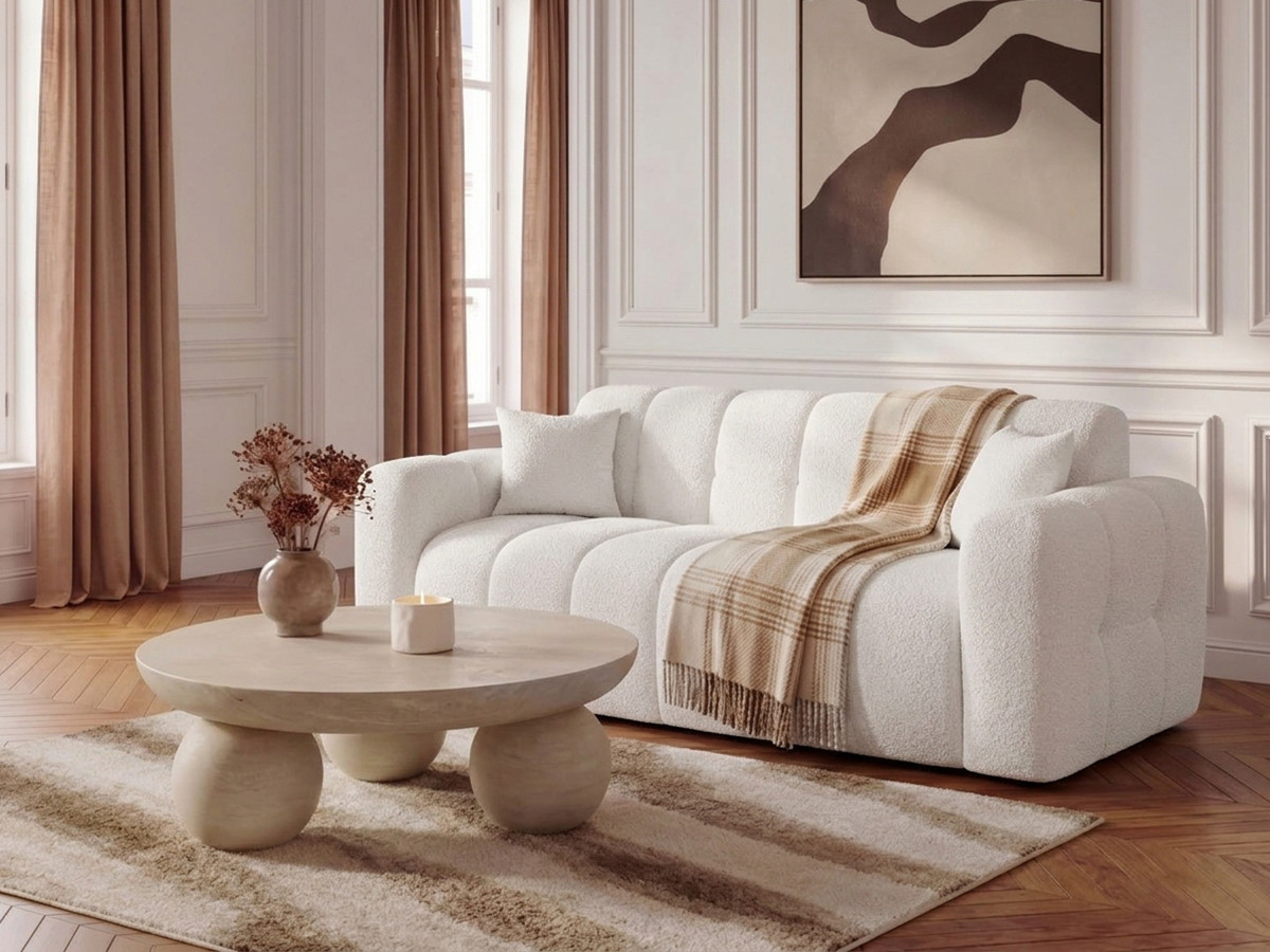Bobochic Bradley Schlafsofa 3-Sitzer Bouclé-Stoff Weiß