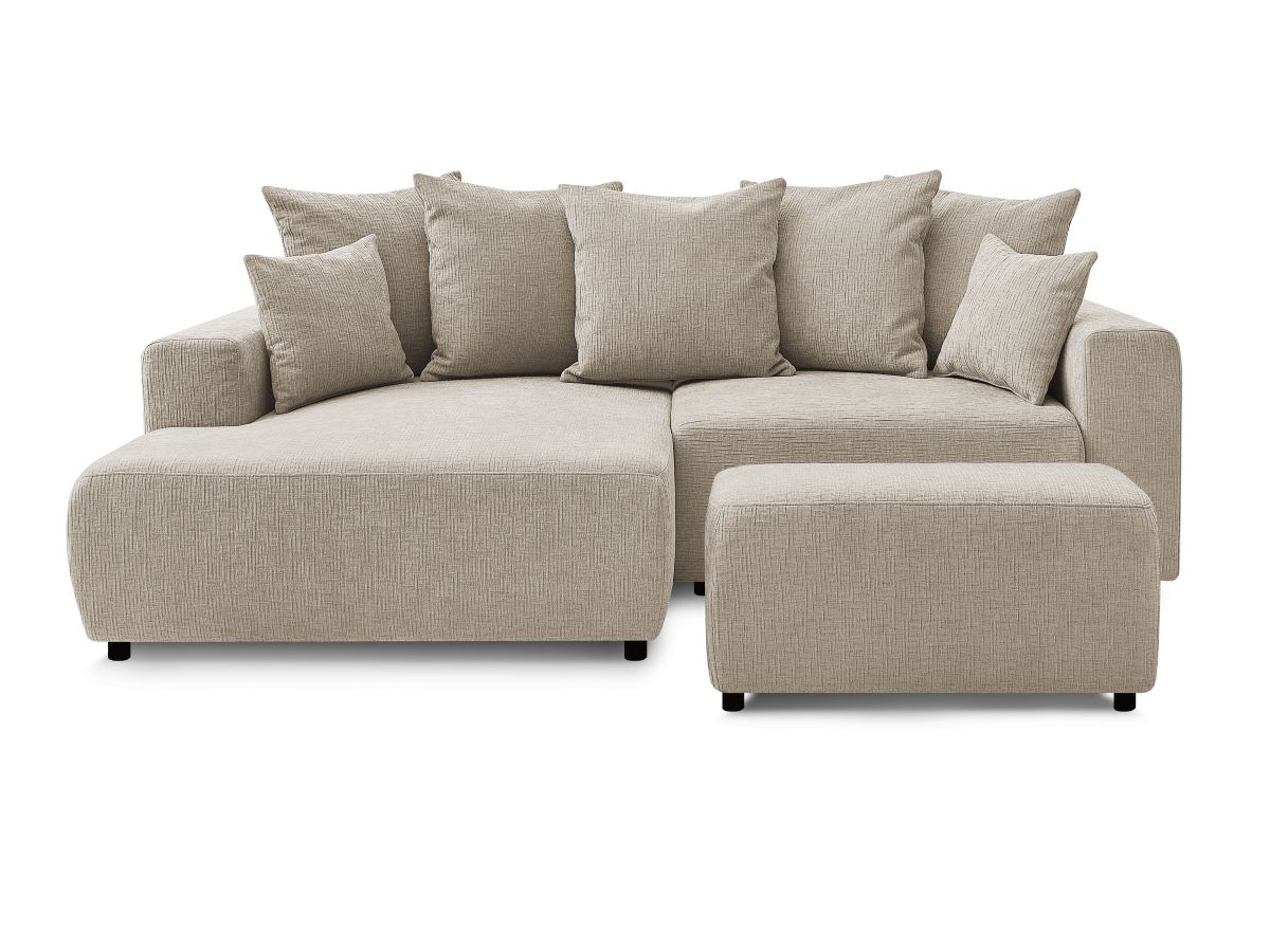 Bobochic Atilla Ecksofa mit Schlaffunktion und Bettkasten und Pouf Strukturstoff Beige Ecke links