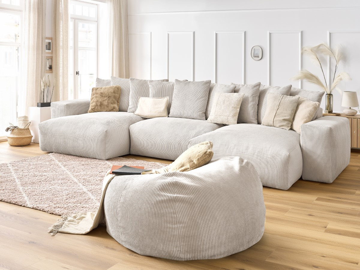 Bobochic Voltaire Wohnlandschaft mit Pouf 420 × 174 cm Cordsamt Beige