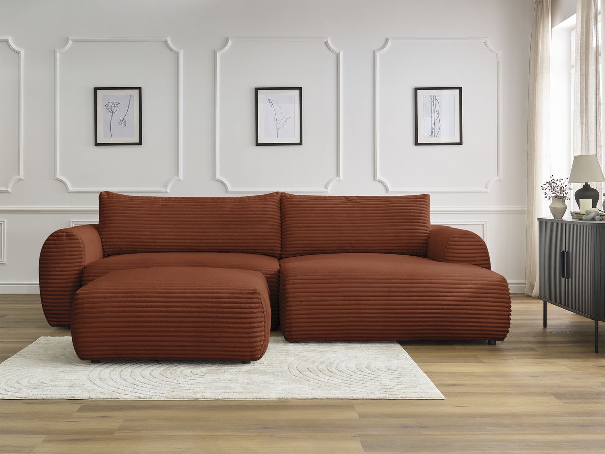 Bobochic Lucien Ecksofa mit Schlaffunktion und Bettkasten und Pouf 314 × 167 cm Breitcord weich Orange Ecke rechts