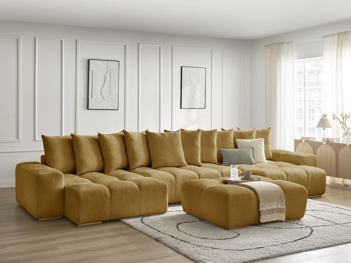 Bobochic Anakin Wohnlandschaft mit Pouf, Liegefläche 137 × 382 cm, 10 Kissen Strukturstoff Gelb