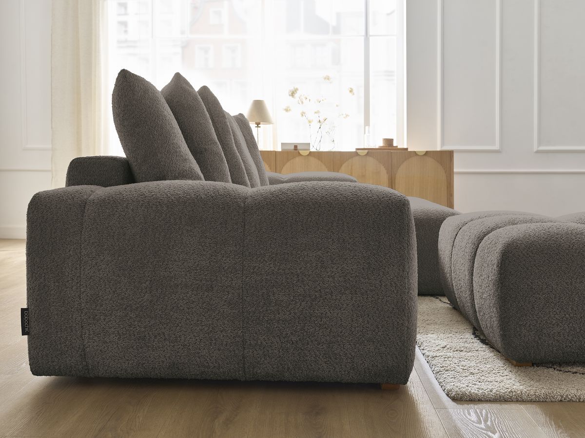 Bobochic Anakin Ecksofa mit Pouf, 6 Kissen Bouclé-Stoff Braun