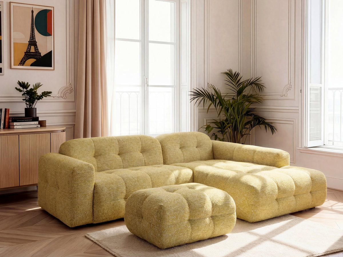 Bobochic Laura Ecksofa mit kleinem Pouf Melange-Stoff Gelb Ecke rechts