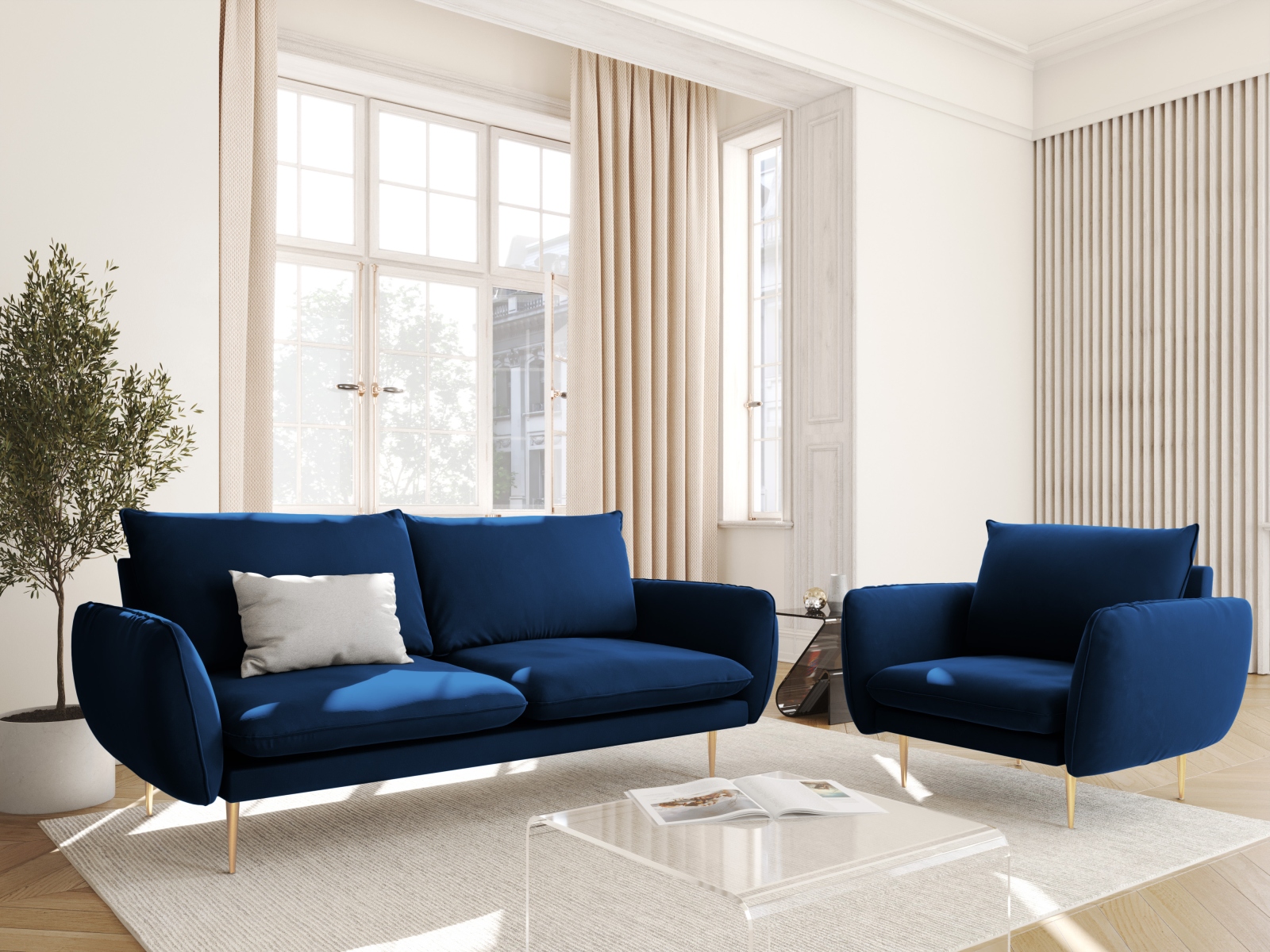 Cosmopolitan Design Sofa Vienna 2-Sitzer Samt Bluvel Königsblau Beine Gold