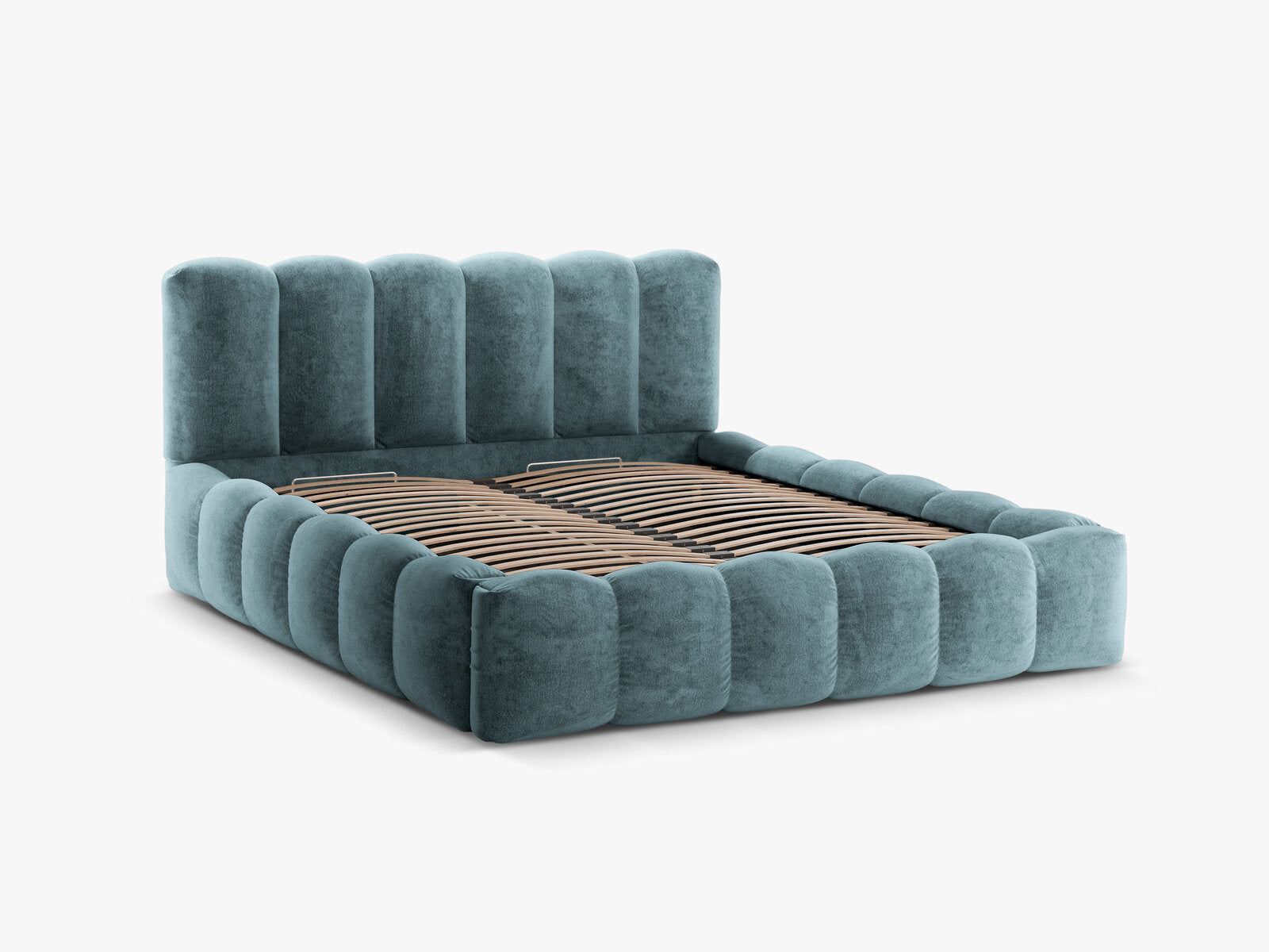 Micadoni Stauraumbett mit Kopfteil Lupine Chenille Loris Jeansblau