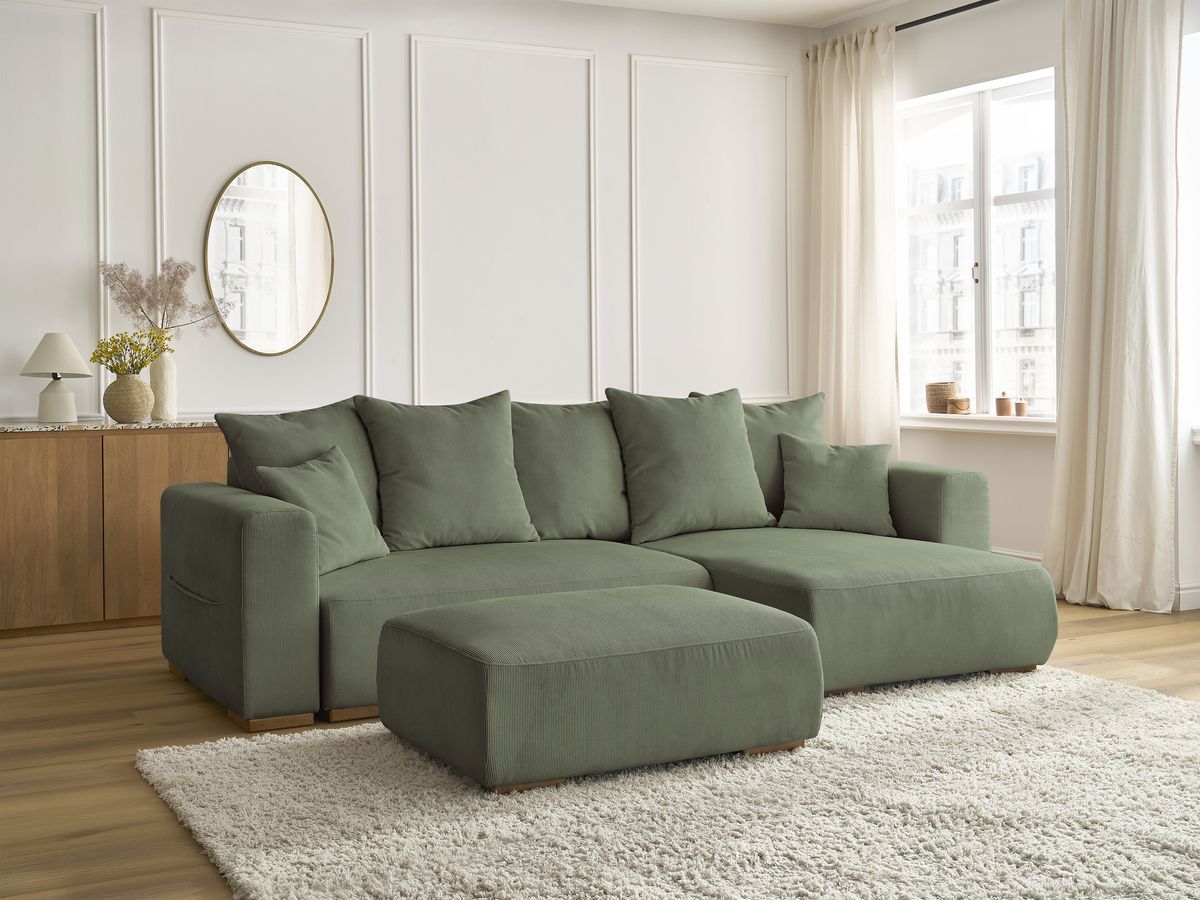 Bobochic Sidonie Ecksofa mit Schlaffunktion und Bettkasten und Pouf Cordsamt Grün