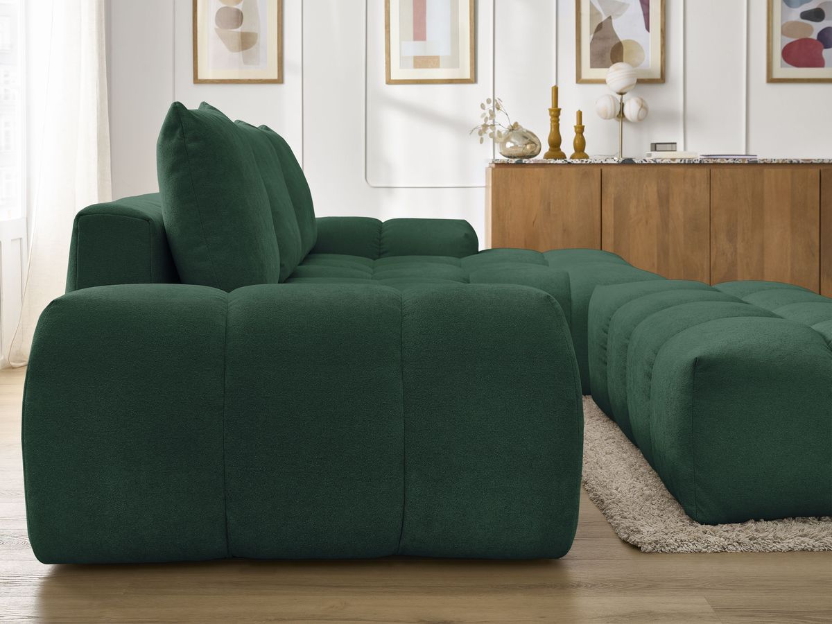 Bobochic Everest Ecksofa mit Schlaffunktion und Bettkasten und Pouf 318 × 180 cm, 3 Kissen Strukturstoff Grün Ecke rechts