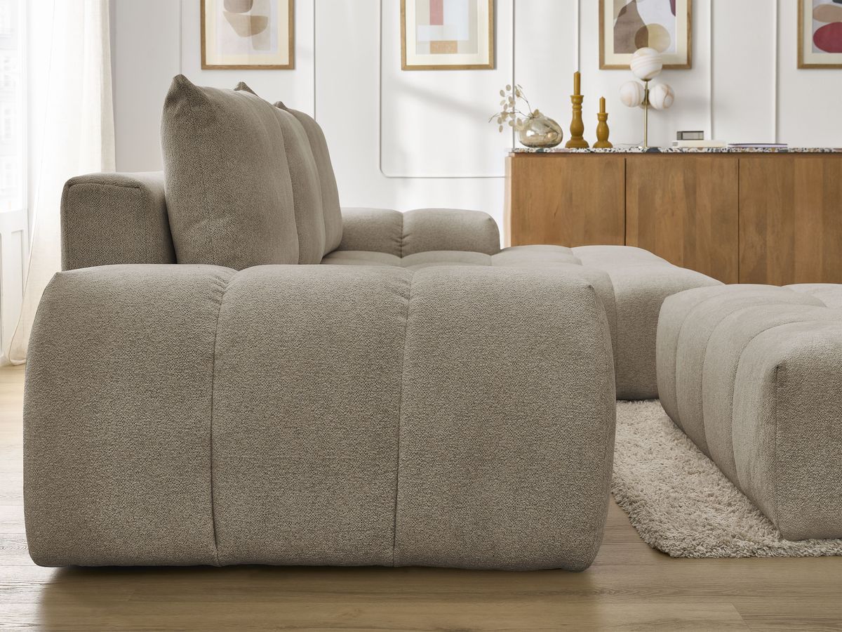 Bobochic Everest Ecksofa mit Schlaffunktion und Bettkasten und Pouf 318 × 180 cm, 3 Kissen Melange-Stoff Taupe Ecke rechts