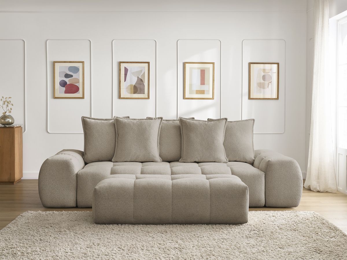 Bobochic Everest Sofa 3-Sitzer mit Pouf, 5 Kissen Melange-Stoff Taupe