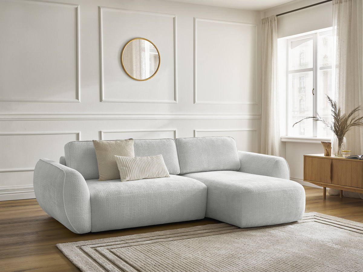 Bobochic Denise Ecksofa mit Schlaffunktion und Bettkasten 258 × 160 cm Strukturstoff Hellgrau Ecke rechts