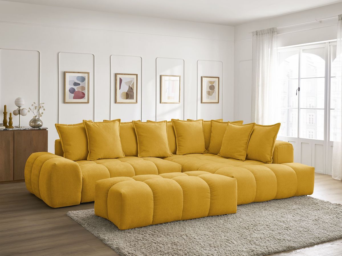 Bobochic Everest Ecksofa mit Schlaffunktion und Bettkasten und Pouf 320 × 212 cm, 10 Kissen Strukturstoff Gelb Ecke rechts