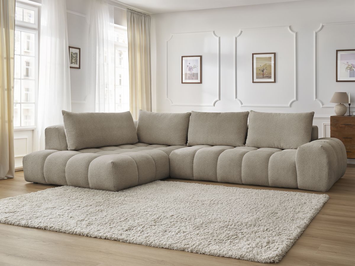Bobochic Everest Ecksofa, 4 Kissen Melange-Stoff Taupe Ecke links