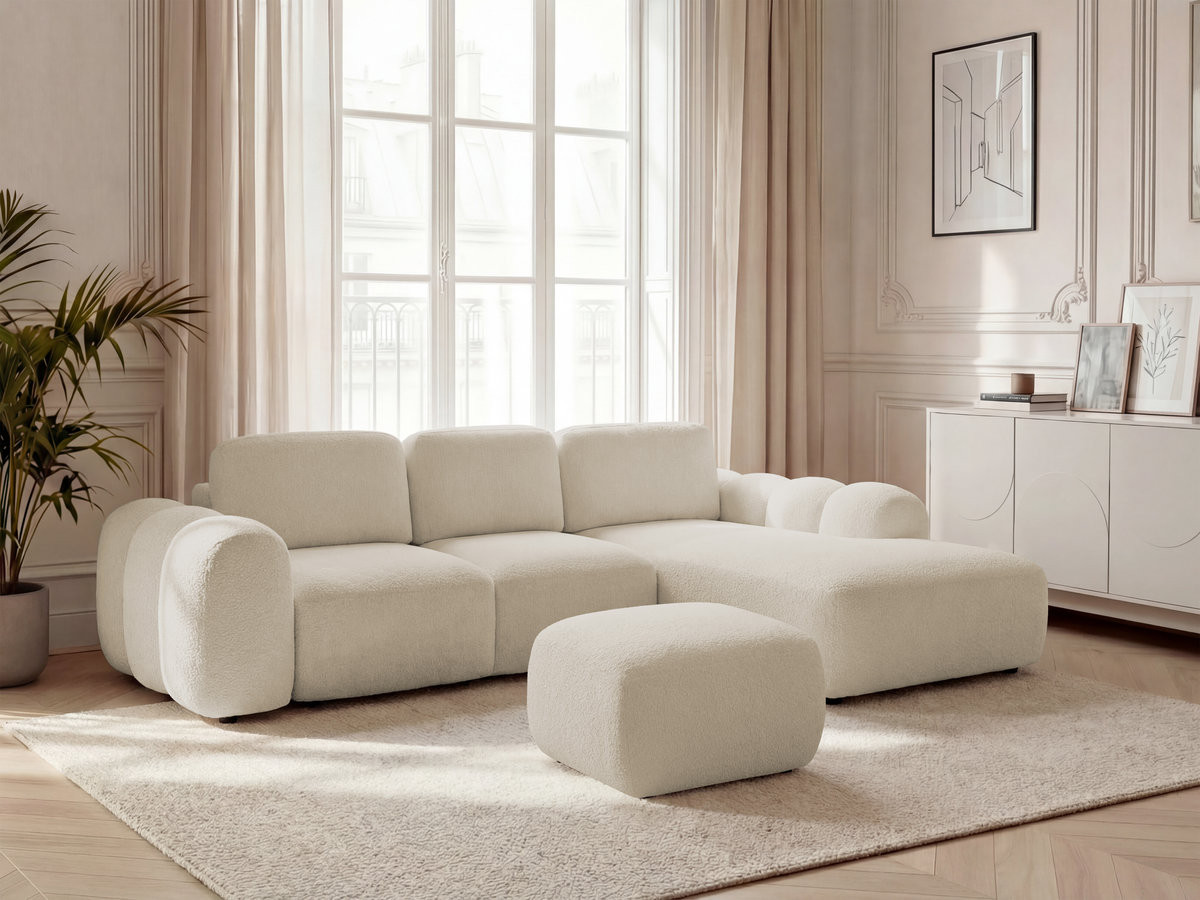 Bobochic Montaigne Ecksofa mit Schlaffunktion und Bettkasten und Pouf 288 × 196 cm Bouclé-Stoff Beige Ecke rechts