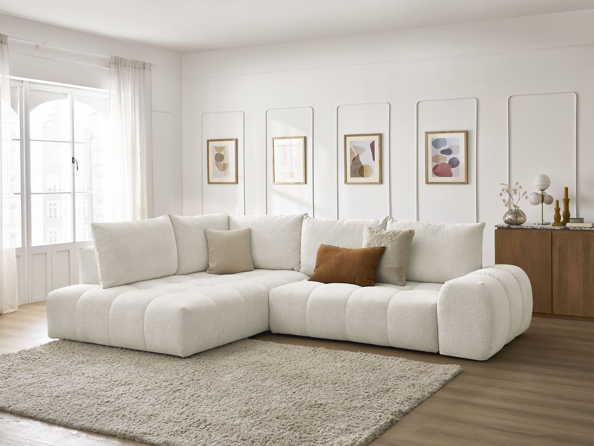 Bobochic Everest Ecksofa mit Schlaffunktion und Bettkasten 320 × 212 cm, 5 Kissen Melange-Stoff Weiß Ecke links
